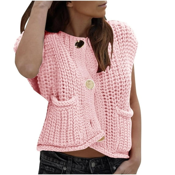 Ahdbta Sweaters Jackets for Women Button Down Trendy Cap Sleeve Twist Knitted Vests Solid Color Loose Fit Soft Sweaters Coats
