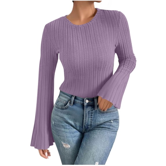 Ahdbta Sweaters for Women Casual Long Bell Sleeve Shirts Lightweight Fall Fashion Crew Neck Slim Fit Ribbed Knit Pullover Tops