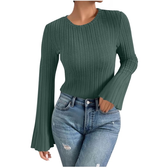 Ahdbta Sweaters for Women Casual Long Bell Sleeve Shirts Lightweight Fall Fashion Crew Neck Slim Fit Ribbed Knit Pullover Tops