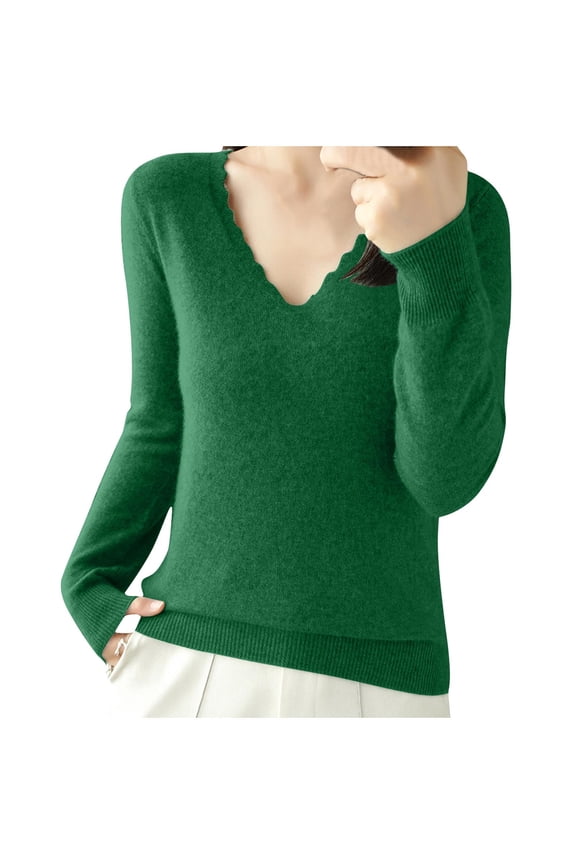 Sweaters for Women Cute Wave Neckline V-Neck Solid Knitted Base Tops Fall Winter Long Sleeve Fuzzy Pullover Sweaters