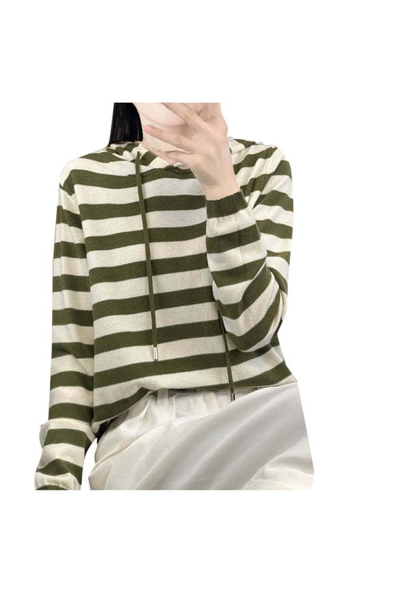 Sweaters for Women Fall Winter Drawstring Long Sleeve Hooded Pullover Tops Trendy Striped Casual Knitted Sweaters