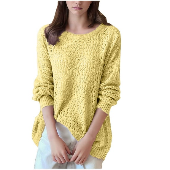 Ahdbta Sweaters for Women Solid Color Loose Fitted Hollow Out Knitted Sweaters Crewneck Long Sleeve Casual Pullover Tops