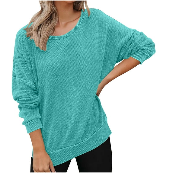 Ahdbta Sweatshirt for Women Oversized Waffle Knit Crewneck Sweatshirts Solid Long Sleeve Side Slits Casual Pullover Tops