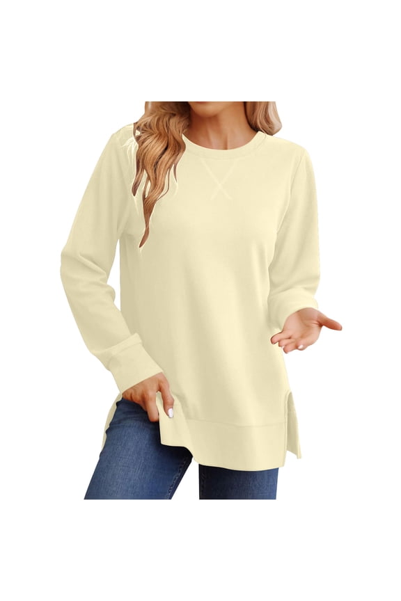 Sweatshirt for Women Side Split Fall Fashion Long Sleeve Shirts Solid Color Loose fit Casual Round Neck Pullover Tops