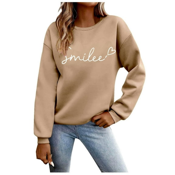Ahdbta Sweatshirts for Women Trendy Letter Printed Long Sleeve Casual Pullover Tops Loose Fit Crewneck Warm Workout Tunic Tops