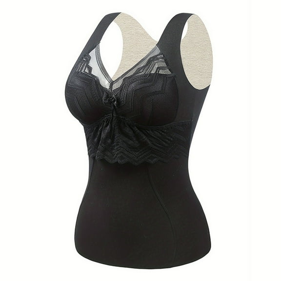 Ahdbta Thermal Tank Tops for Women with Padded Built in Bra Fleece Lined Sleeveless Underwear Tops Lace Trim Warm Base Vests
