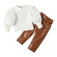 thumbnail image 1 of Ahdbta Toddler Girls 1-6 Years Fall Outfits Puff Sleeve Ribbed Knit Crewneck Patchwork Shirts Belted Leather Pants 2Pcs Sets, 1 of 6