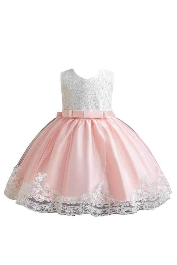 Toddler Girls Formal Dresses V-Neck Sleeveless Lace Embroidered Tutu Dresss Belted Tulle Patchwork Wedding Princess Dresses
