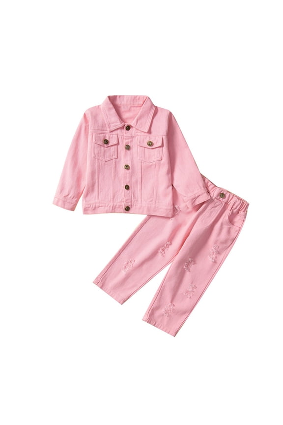 Toddlers 1-6 Years Lounge Sets Long Sleeve Button Down Lapel Denim Jackets Ripped Jeans Solid Color Outfits with Pockets
