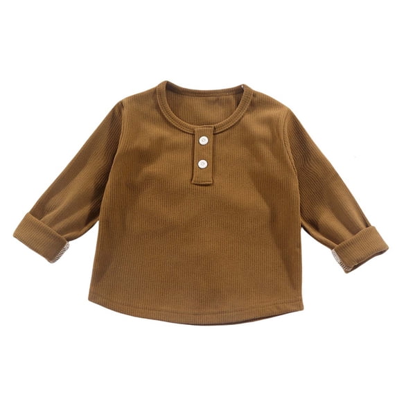 Ahdbta Toddlers Kids Baselayer T-Shirts Solid Color Ribbed Knit Long Sleeve Henley Shirts Button Crewneck Curvy Hem Tee Tops