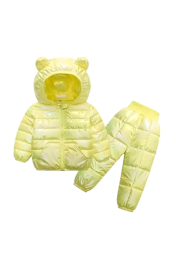 Toddlers Snowsuit Outfits Zip Up Cute Ears Hooded Puffer Jackets High Waist Pants Trendy Gradient Windproof Warm Sets