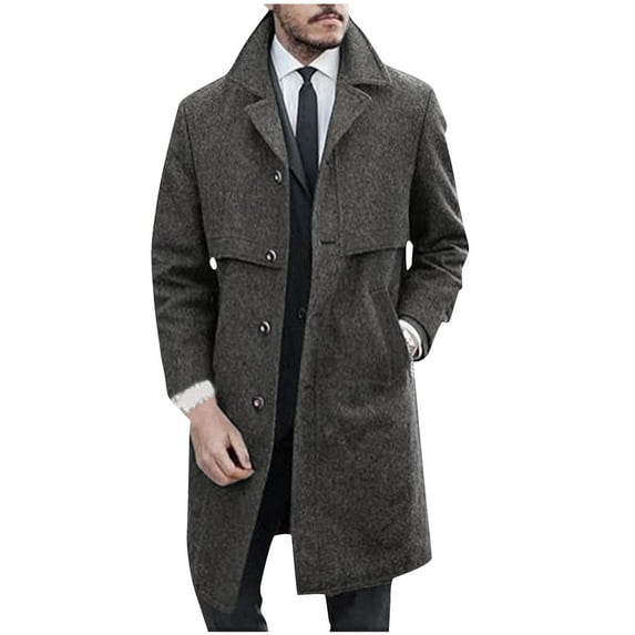 Ahdbta Trench Coats for Men Single Breasted Notch Lapel Long Sleeeve Pea Coats Dressy Casual Warm Business Overcoats with Pockets