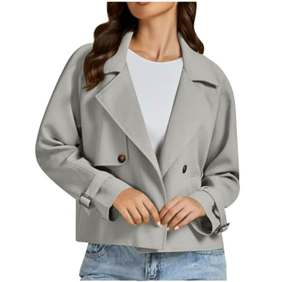 Ahdbta Trench Coats for Women Elegant Double Breasted Notched Lapel Long Sleeve Outerwears Casual Cropped Jackets with Pockets