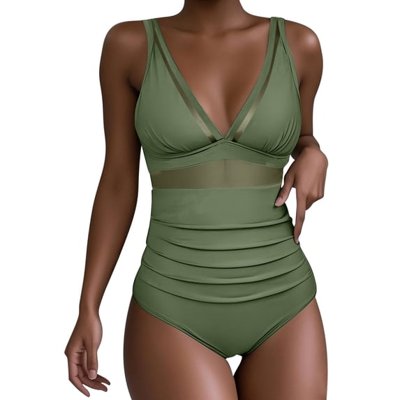 Ahdbta Tummy Control Swimsuits for Women One Piece High Waist V Neck Ruched Mesh Bathing Suit Adjustable Strap Swimwear