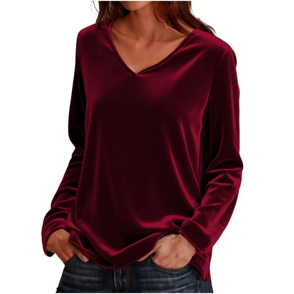 Ahdbta Velvet Tops for Women Elegant Long Sleeve V-Neck Shirts Dressy Blouse Loose Fit Solid Color Casual Tee Shirt Velour Tops