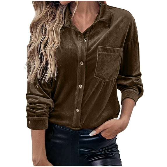Ahdbta Vintage Velvet Tops for Women Elegant Long Sleeve Button Down Shirts Dressy Casual Loose Velour Blouses with Chest Pocket