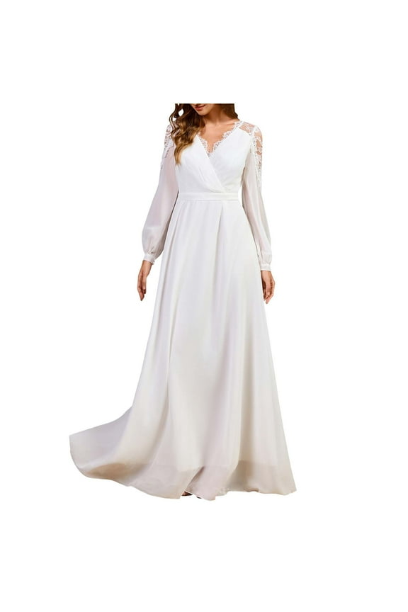 Wedding Dress for Women Chiffon Formal Evening Gown Bride Puff Long Sleeve A-Line Party Lace Maxi Long Dresses