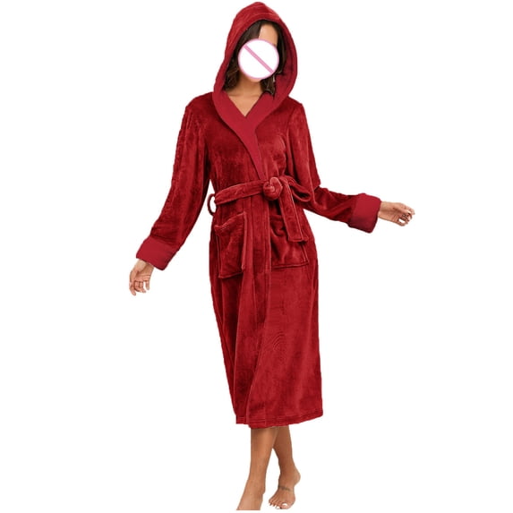 Ahdbta Winter Robes for Women Soft Warm Plush Hooded Bathrobe Solid Color Wrap V-Neck Belted Sleepwear Robes with Pockets