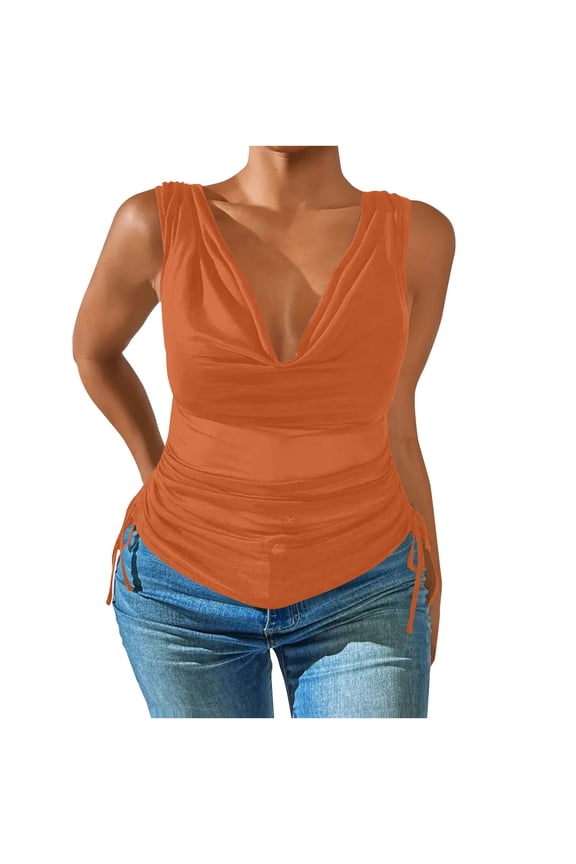 Women Deep V-Neck Tank Tops Summer Ruched Sleeveless Casual Shirts Side Drawstring Chiffon Blouse Tops