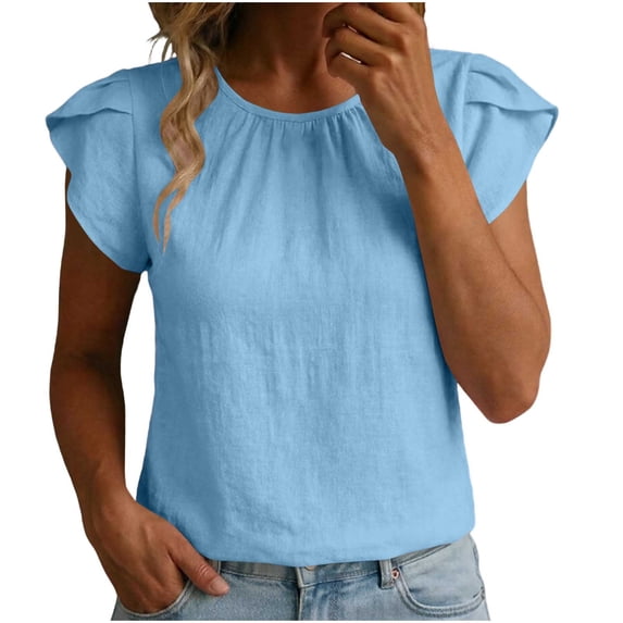 Ahdbta Women Dressy Casual Tops Summer Loose Work Blouses Cotton Linen Flutter Short Sleeve Crew Neck Shirts