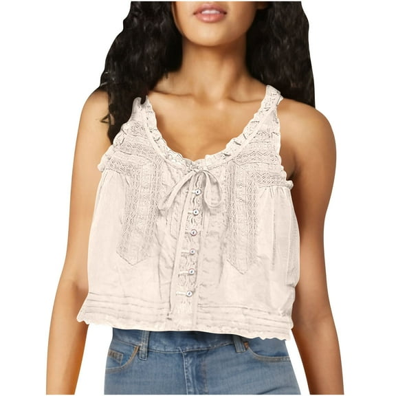 Ahdbta Women Lace Trim Tank Tops Sleeveless Tie Button Front Crop Y2K Going Out Tops Cute Summer Cami Shirt