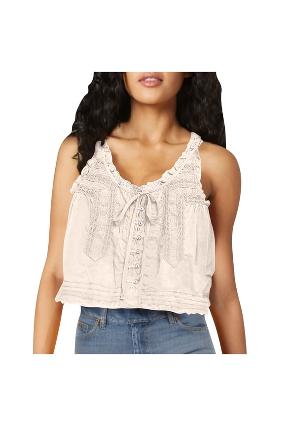Women Lace Trim Tank Tops Sleeveless Tie Button Front Crop Y2K Going Out Tops Cute Summer Cami Shirt