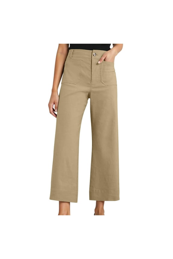 Women Stretch Twill Cropped Pants Wide Leg Jeans with Patch Pocket Straight Leg Casual Chino Denim Pants