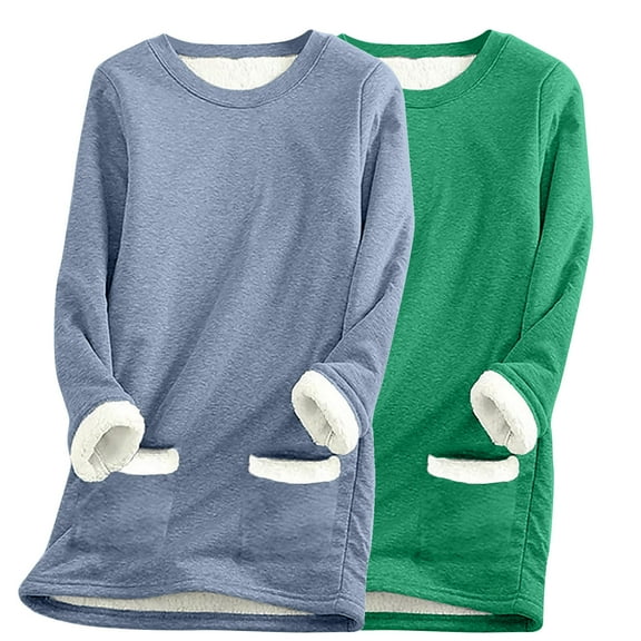 Ahdbta Women's 2 Pcs Fleece Sweatshirts Solid Color Oversized Crewneck Pullover Tops Warm Sherpa Lined Loungewear Tops with Pockets