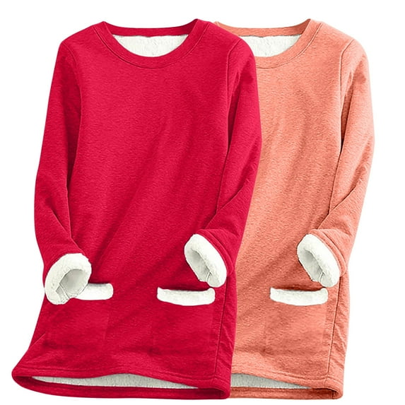 Ahdbta Women's 2 Pcs Fleece Sweatshirts Solid Color Oversized Crewneck Pullover Tops Warm Sherpa Lined Loungewear Tops with Pockets