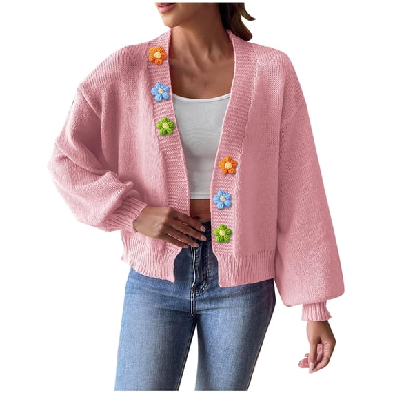 Ahdbta Women's Cardigan Sweaters Open Front Long Sleeve Cable Knitted Coats Flower Decor Loose Fitted Y2K Sweaters Jackets
