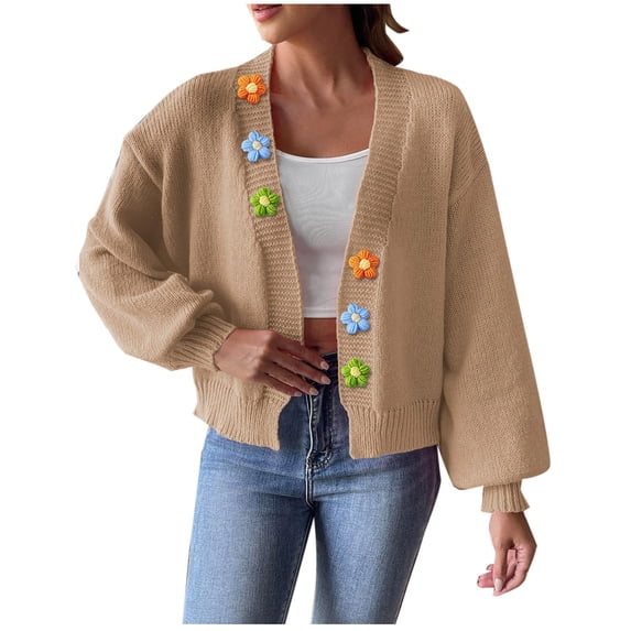 Ahdbta Women's Cardigan Sweaters Open Front Long Sleeve Cable Knitted Coats Flower Decor Loose Fitted Y2K Sweaters Jackets