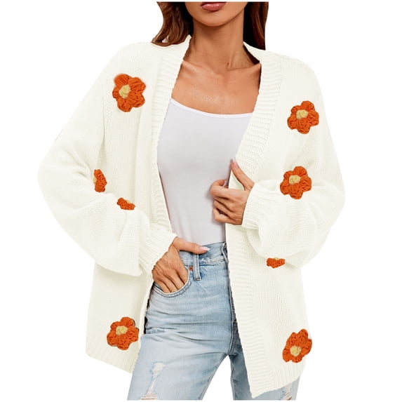 Ahdbta Women's Cardigan Sweaters Open Front Long Sleeve Cable Knitted Coats Flower Decor Loose Fitted Y2K Sweaters Jackets