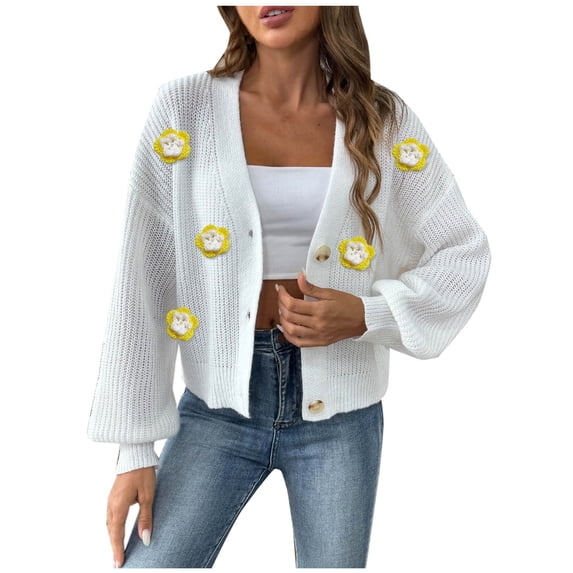 Ahdbta Women's Cardigan Sweaters Open Front Long Sleeve Cable Knitted Coats Flower Decor Loose Fitted Y2K Sweaters Jackets
