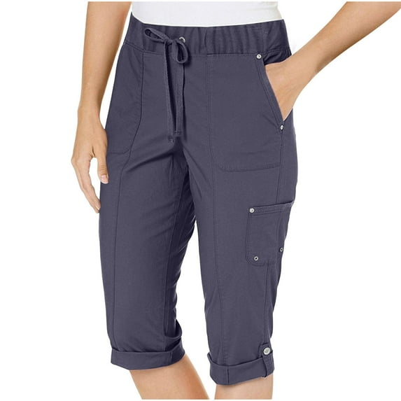 Ahdbta Women's Cargo Capris Drawstring Waist Hiking Pants Lightweight Cotton Twill Summer Outdoor Casual Travel Pants with Multi-Pockets