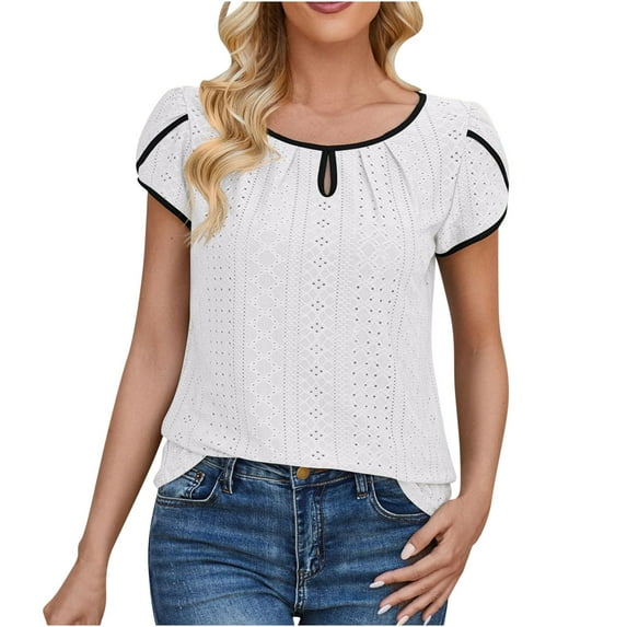 Ahdbta Women's Casual Pleated Petal Cap Sleeve Round Neck Keyhole Blouse Top Short Sleeve Blouses for Work Official Professional