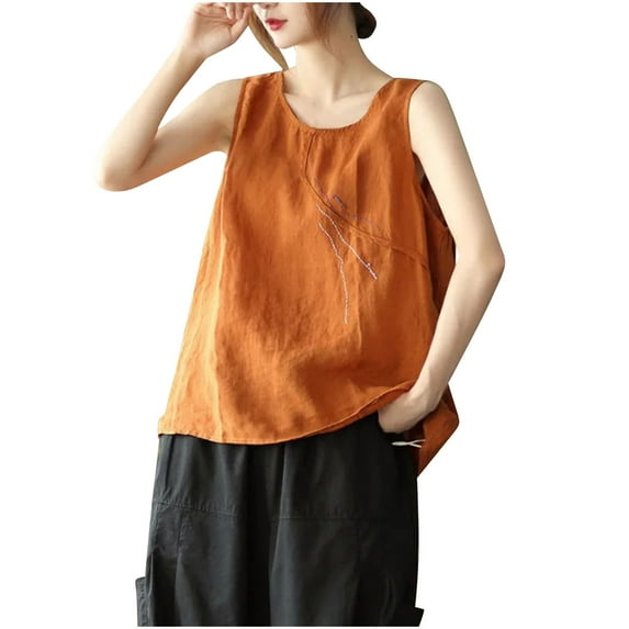 Ahdbta Women's Cotton Linen Tank Tops Summer Sleeveless Boho Shirts Vintage Embroidered Casual Loose Blouses