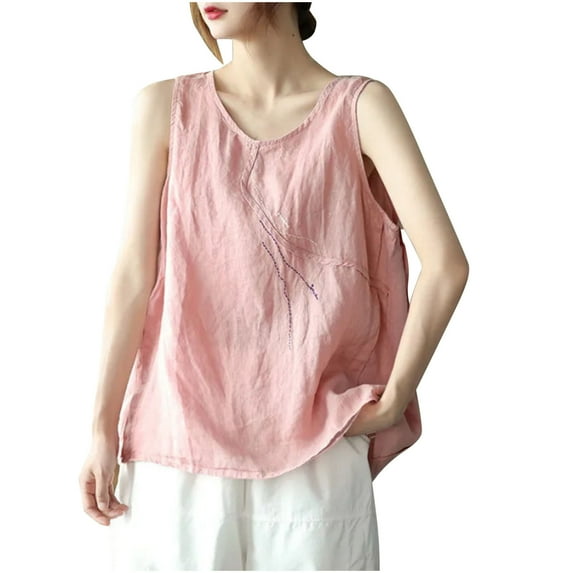 Ahdbta Women's Cotton Linen Tank Tops Summer Sleeveless Boho Shirts Vintage Embroidered Casual Loose Blouses