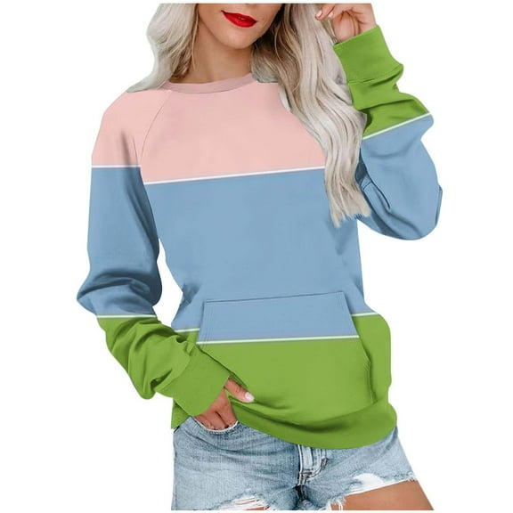 Ahdbta Women's Crewneck Sweatshirts Casual Long Sleeve Loose Fitted Shirts Trendy Fall Color Block Pullover Tops with Pockets