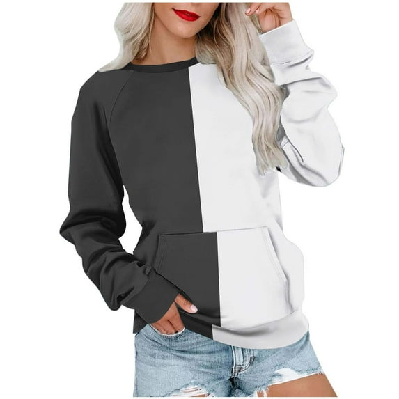 Ahdbta Women's Crewneck Sweatshirts Casual Long Sleeve Loose Fitted Shirts Trendy Fall Color Block Pullover Tops with Pockets