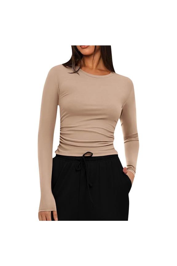 Women's Crop Tops Crewneck Long Sleeve Slim Fitted Fall Winter Athletic T-Shirts Trendy Side Ruched Solid Basic Tees