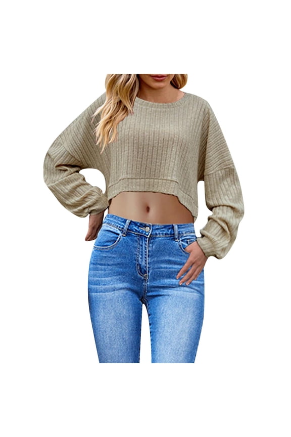Women's Crop Tops Round Neck Long Sleeve Drop Shouler Pullover Sweaters Oversized Solid Color Ribbed Knit Knitted Blouses