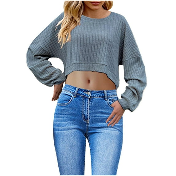 Ahdbta Women's Crop Tops Round Neck Long Sleeve Drop Shouler Pullover Sweaters Oversized Solid Color Ribbed Knit Knitted Blouses