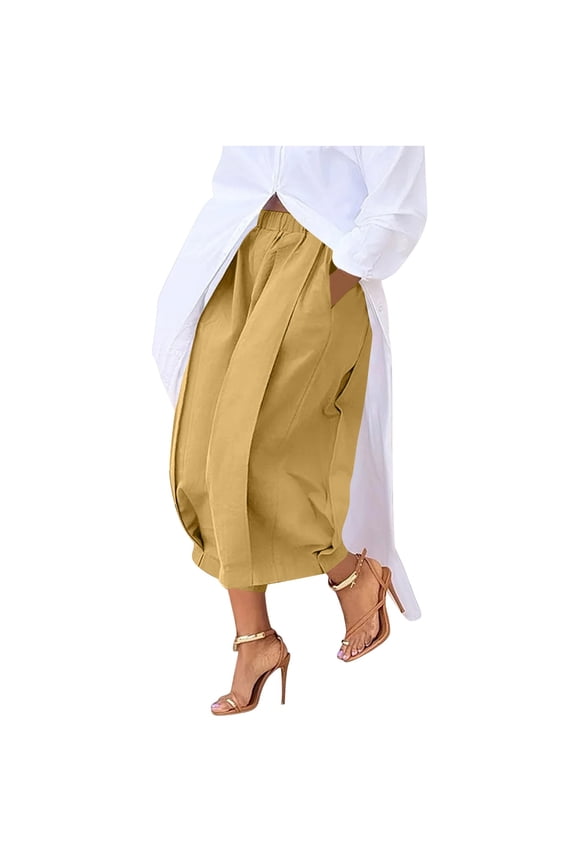 Women's Culottes Wide Leg Cropped Pants Elastic High Waist Pleated Casual Capris Palazzo Trousers with Pockets