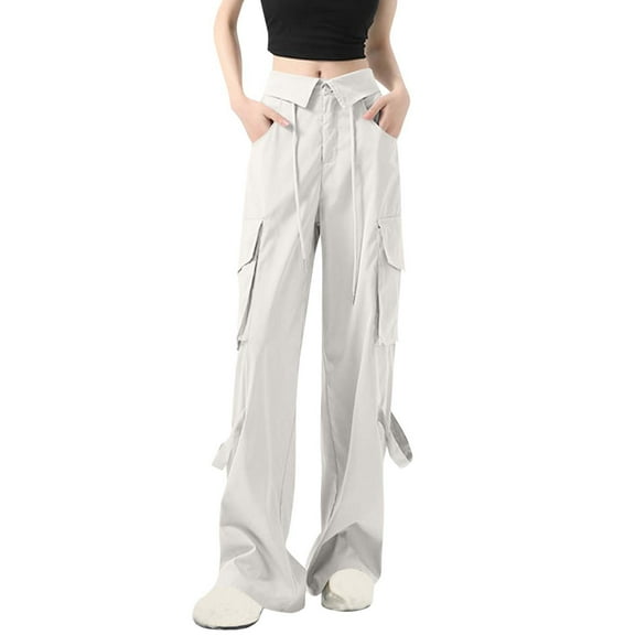 Ahdbta Women's Fashion Parachute Pants Y2K Streetwear Baggy Trousers High Waisted Wide Leg Drawstring Cargo Pants with Multi Pockets