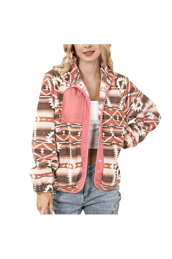 Women's Fleece Jackets Vintage Aztec Print Button Down Long Sleeve Coats with Pockets Casual Loose Fit Lapel Outwears