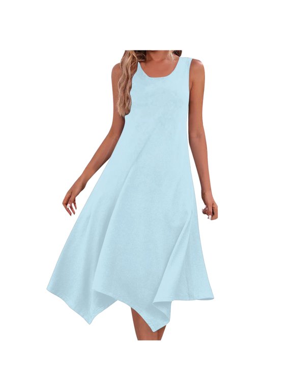 Women's Hankerchief Hem Midi Tank Dresses Summer Sleeveless Crew Neck Sundress Casual Ruffle A-Line Boho Dress