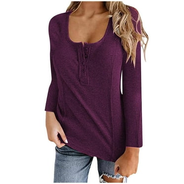 Ahdbta Women's Henley T Shirts Button Scoop Neck Long Sleeve Slim Fitted Tops Solid Color Ribbed Knitted Comfy Jumper Tops