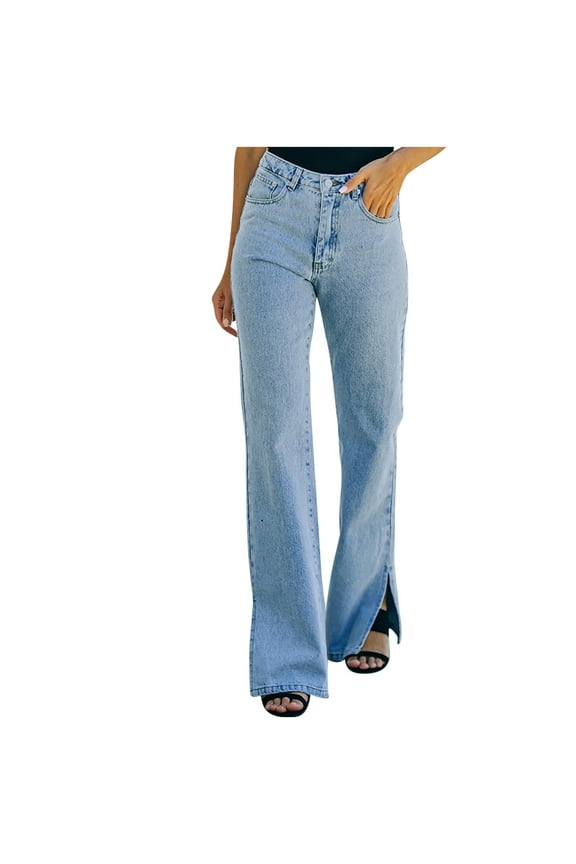 Women's High Waisted Jeans Vintage Distressed Washed Straight Leg Denim Pants Trendy Slit Hem Skinny Jeans with Pockets