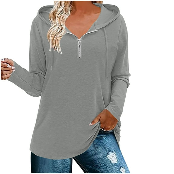 Ahdbta Women's Hooded Sweatshirts Solid Color Loose Fitted Pullover Tops Trendy 1/4 Zipper Long Sleeve Casual Tunic Shirts