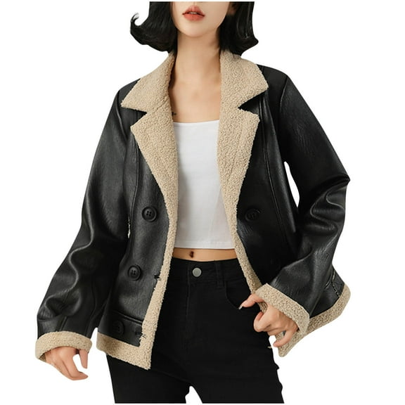 Ahdbta Women's Leather Jackets Fall Winter Warm Thicken Fleece Lined Moto Coats Single Breasted Lapel Cropped Bomber Jackets